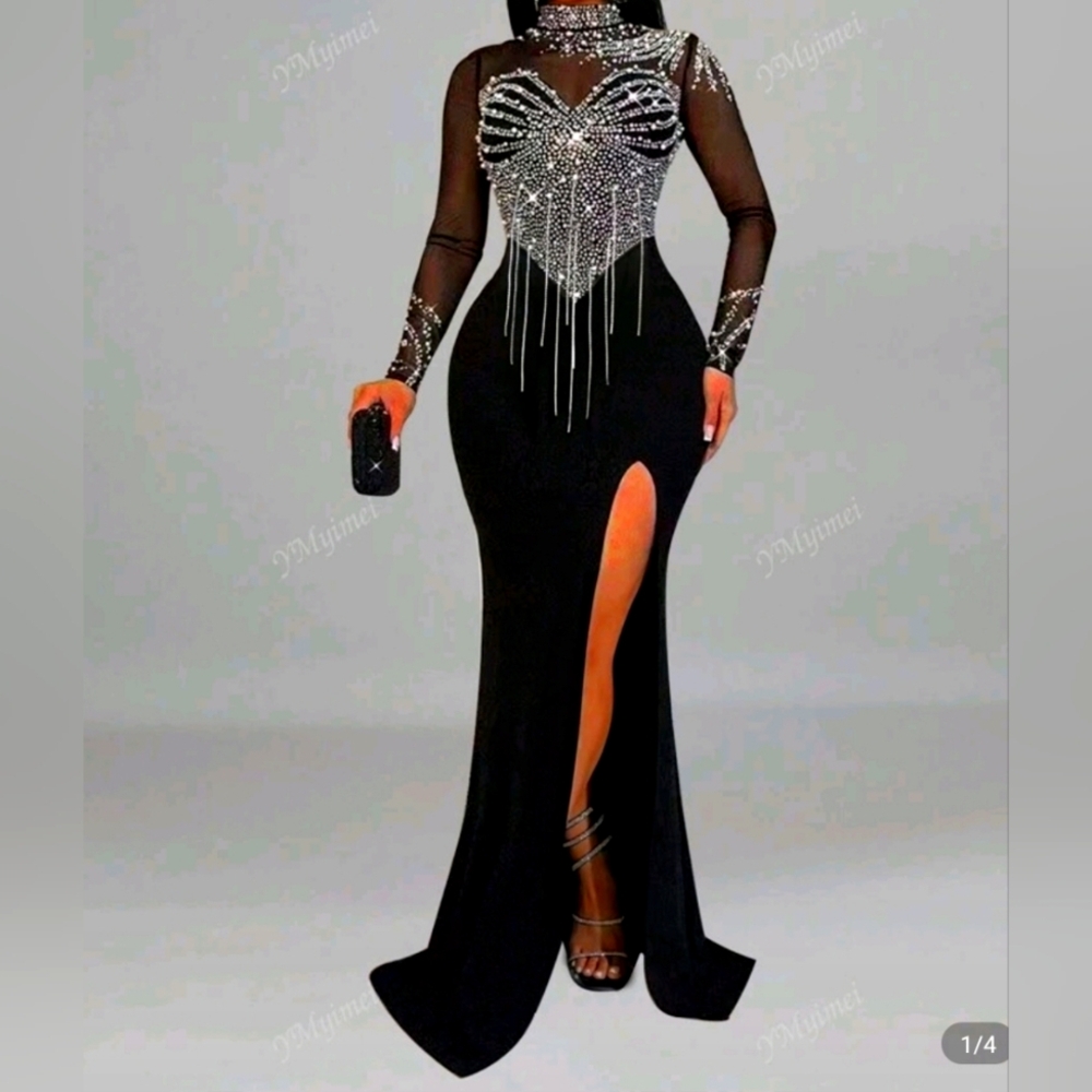 Elegant Black Evening Gown with Silver Accents
